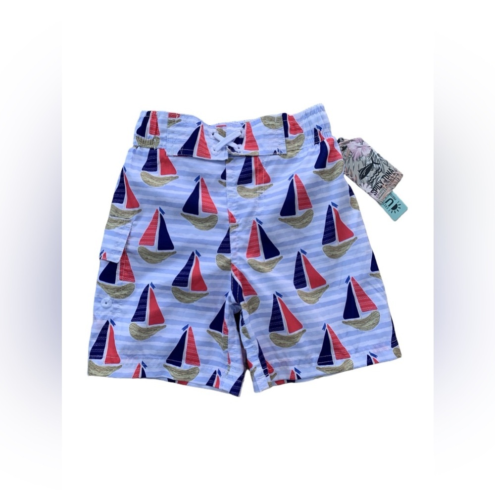 Spicy Tuna NWT Size 2T Blue Sailboat Print UPF 50 Swim Trunks